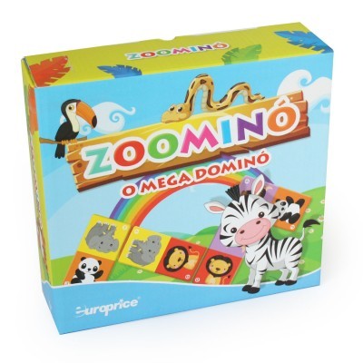 Caixa de jogo Zoominó O Mega Dominó com ilustrações de animais e peças de dominó coloridas