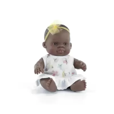 Boneca de bebé com vestido floral e fita de cabelo amarela