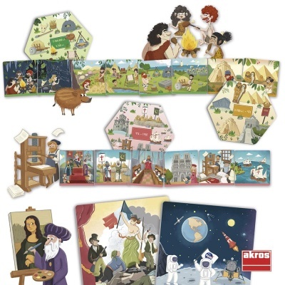 Jogos de tabuleiro temáticos históricos com personagens e cenários variados e logo akros