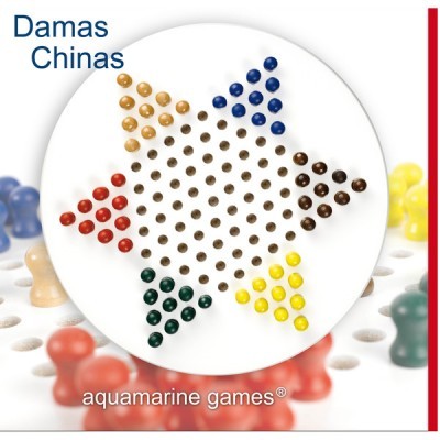 Jogo de Damas Chinas com peças de madeira coloridas em tabuleiro branco