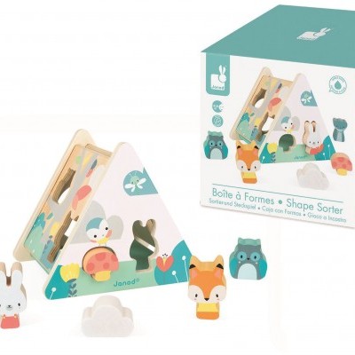 Brinquedo de madeira triangular com peças de animais coloridos e embalagem da marca Janod
