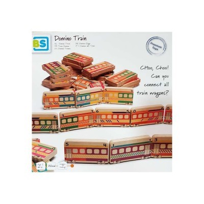 Conjunto de dominós de madeira com desenhos de vagões de comboio coloridos