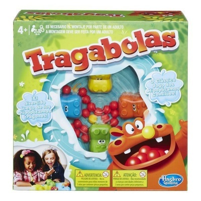 Jogo infantil Tragabolas colorido com figura de hipopótamo em caixa