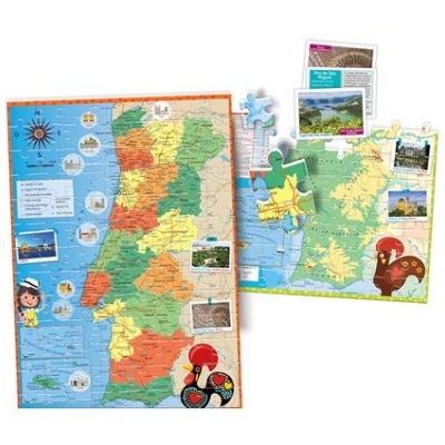 Puzzle com mapas coloridos de Portugal e elementos culturais