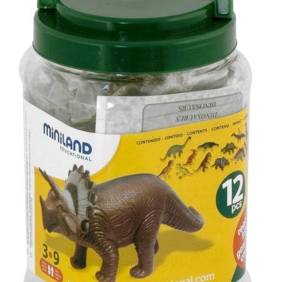 Frasco com figuras de dinossauros Miniland Educational, tampa verde e rótulo amarelo