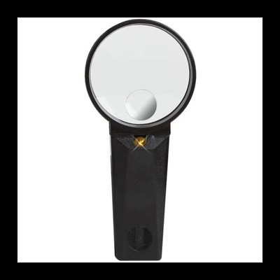 Lupa de mão preta com lente circular e botão branco