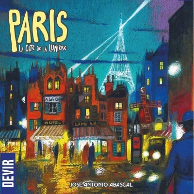 Capa de jogo de tabuleiro com ilustração de rua de Paris à noite e Torre Eiffel