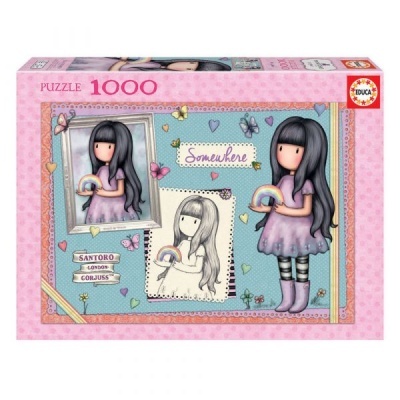 Caixa de quebra-cabeças 1000 peças com imagem de menina e arco-íris em tons rosa e azul
