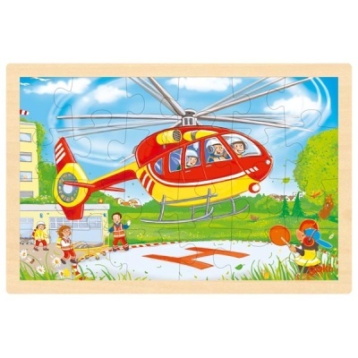 Puzzle infantil com helicóptero vermelho e amarelo em voo com pessoas