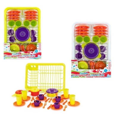 Conjunto de loiça de brincar em plástico colorido com caixa de arrumação amarela