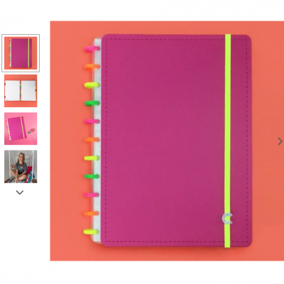 Caderno fichário roxo com elástico verde e argolas coloridas