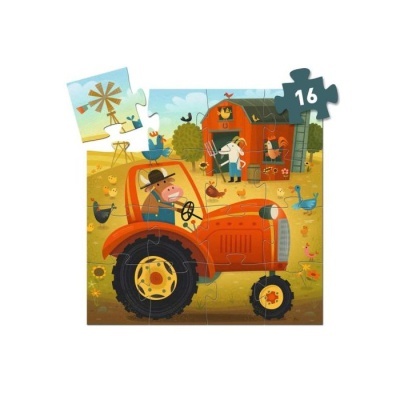 Quebra-cabeça infantil com ilustração de quinta e trator vermelho