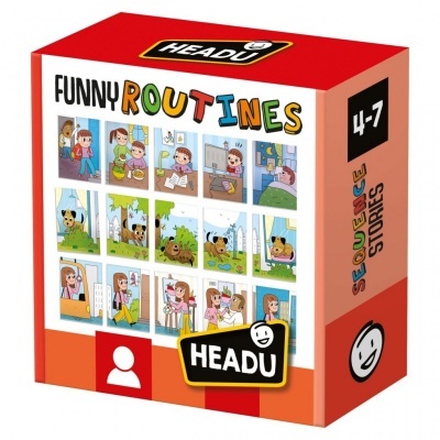 Embalagem de jogo educativo Funny Routines da HEADU com imagens de rotinas diárias em quadrinhos
