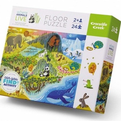 Caixa de puzzle de chão 'Animals Live' com 24 peças e ilustrações de animais e natureza