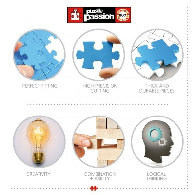 Imagem promocional EDUCA puzzle com peças azuis e ícones de criatividade e raciocínio