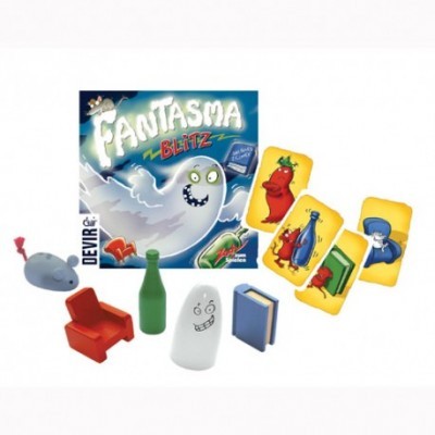 Peças e caixa do jogo Fantasma Blitz com cartas e figuras coloridas
