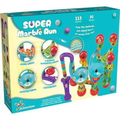 Jogo Super Marble Run com peças coloridas e bolas num fundo azul