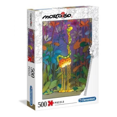Caixa de puzzle 500 peças com imagem de girafa e plantas coloridas.