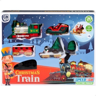 Conjunto de brinquedo de comboio de Natal com locomotiva, carruagem e trenó em caixa azul