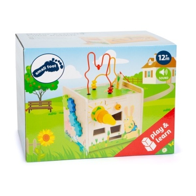 Caixa de brinquedo educativa de madeira com labirinto de contas e engrenagens em embalagem azul