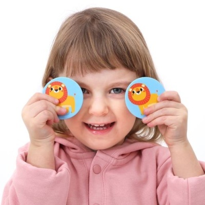 Menina sorridente a segurar discos azuis com desenhos de leão