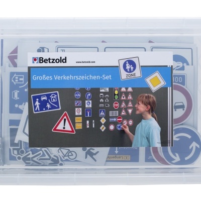 Conjunto de sinais de trânsito em caixa plástica transparente com alças azuis