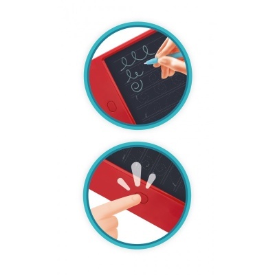 Tablet de escrita digital vermelho com ecrã preto e caneta azul