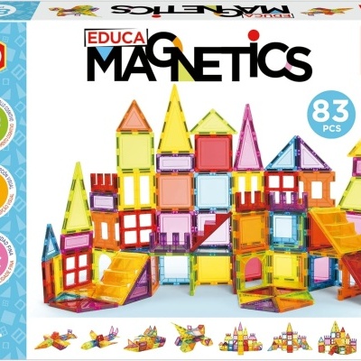 Caixa do brinquedo Educa Magnetics com peças geométricas magnetizadas coloridas.