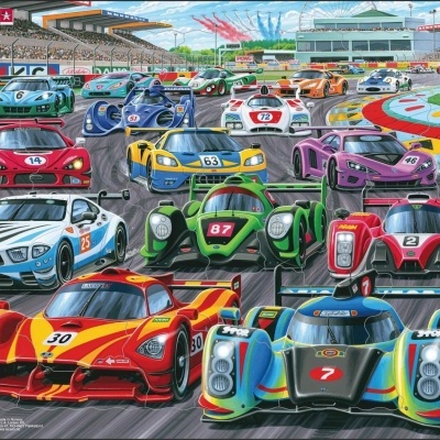 Desenho colorido de carros de corrida em pista com vários números e cores distintas.