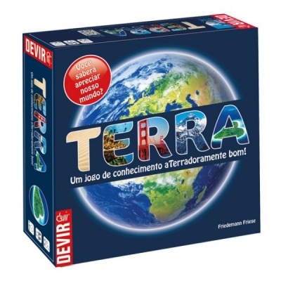 Embalagem do jogo de tabuleiro TERRA com imagem do planeta Terra e texto promocional em português.