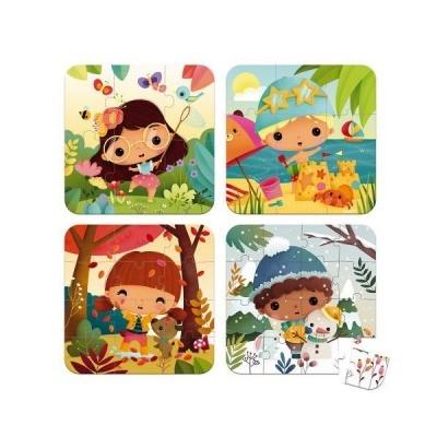Quatro puzzles infantis com ilustrações de crianças em diferentes ambientes naturais
