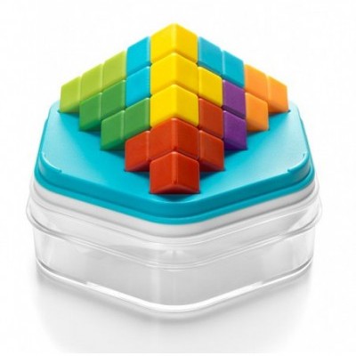 Quebra-cabeças 3D colorido sobre base transparente com tampa azul