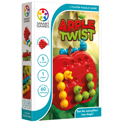 Embalagem do jogo Apple Twist com tabuleiro vermelho em forma de maçã e lagartas coloridas