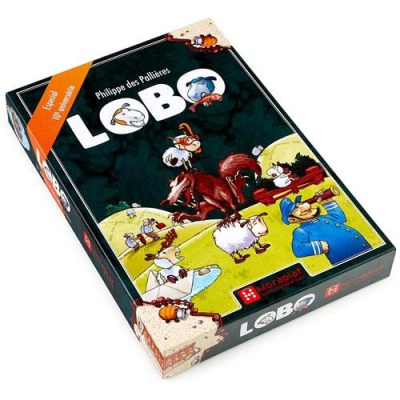 Caixa de jogo LOBO com ilustração de animais e homem em azul sobre fundo escuro