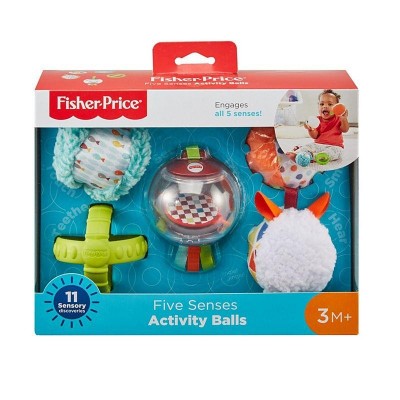 Brinquedos Fisher-Price bolas de atividades sensoriais para bebés em caixa colorida.
