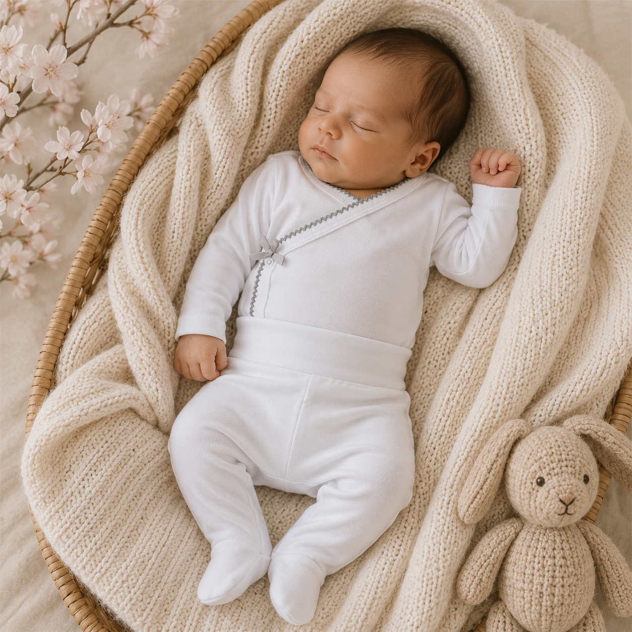 Bebé dormindo em cesta com roupa branca e manta creme ao lado de brinquedo de peluche