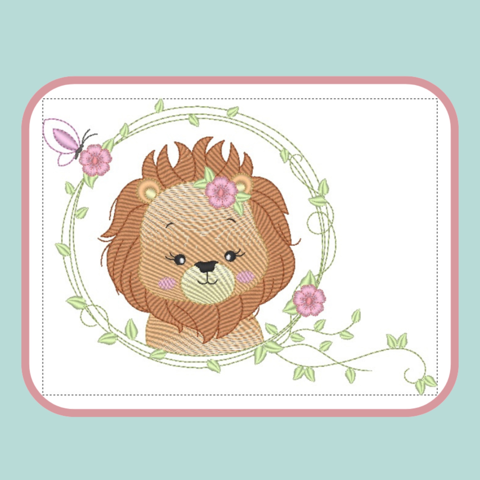 Desenho bordado de leão com flores em moldura circular