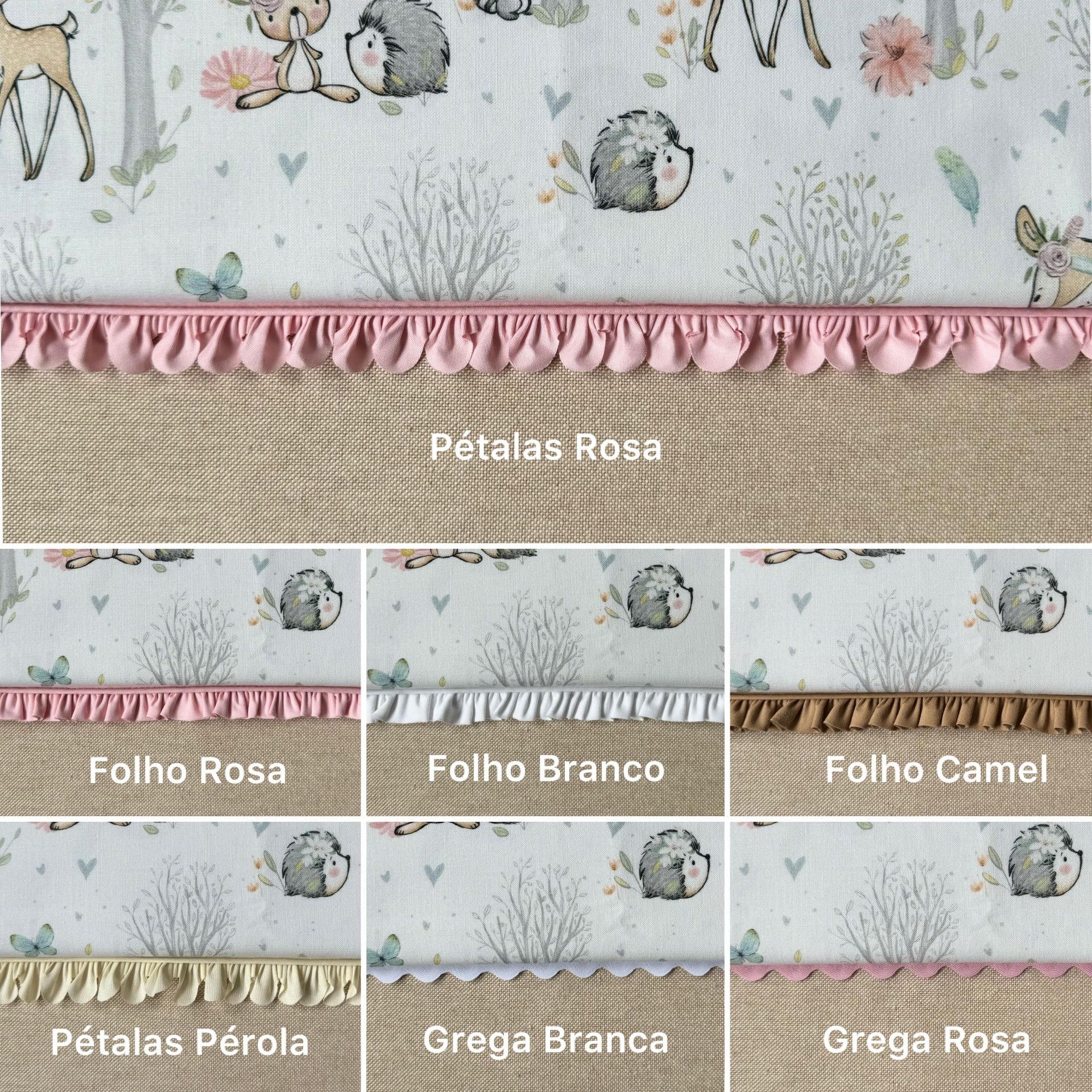 Cortinas com padrão de animais e plantas com diferentes bordas coloridas e nomes correspondentes.