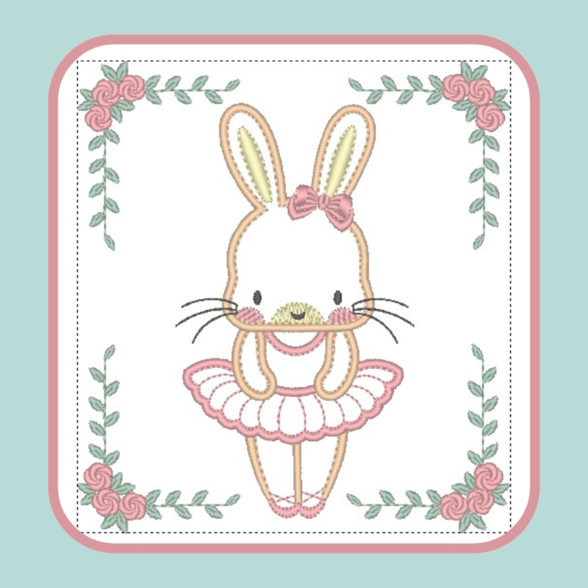 Desenho bordado de coelhinha em vestido rosa com moldura floral