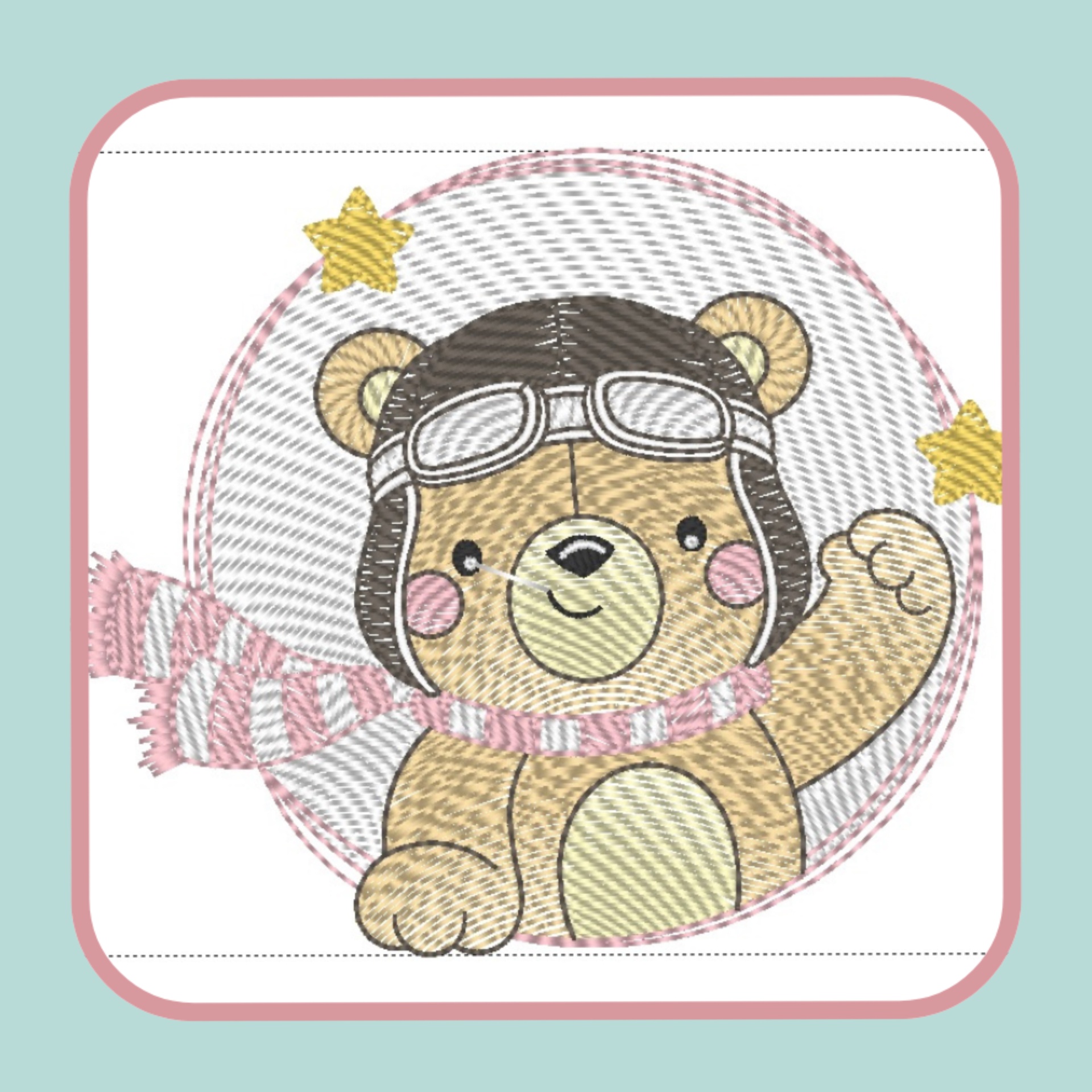 Desenho de urso aviador com cachecol num fundo azul