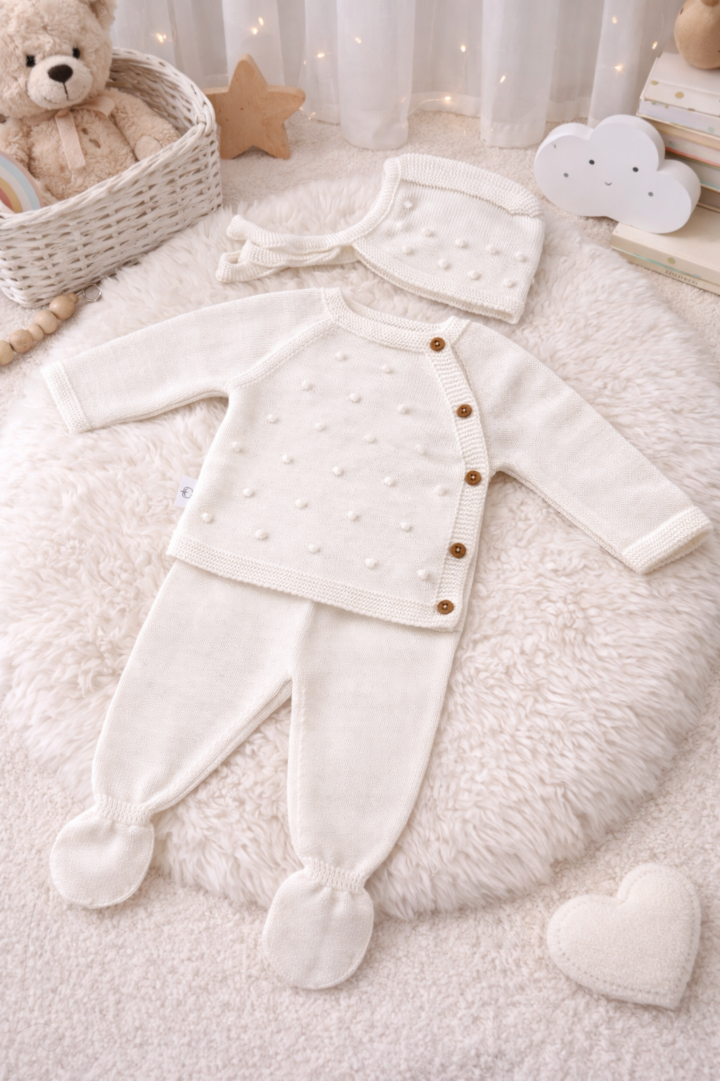 Conjunto de roupa de bebê em malha creme com pompons e botões, com gorro combinando, numa decoração infantil suave.