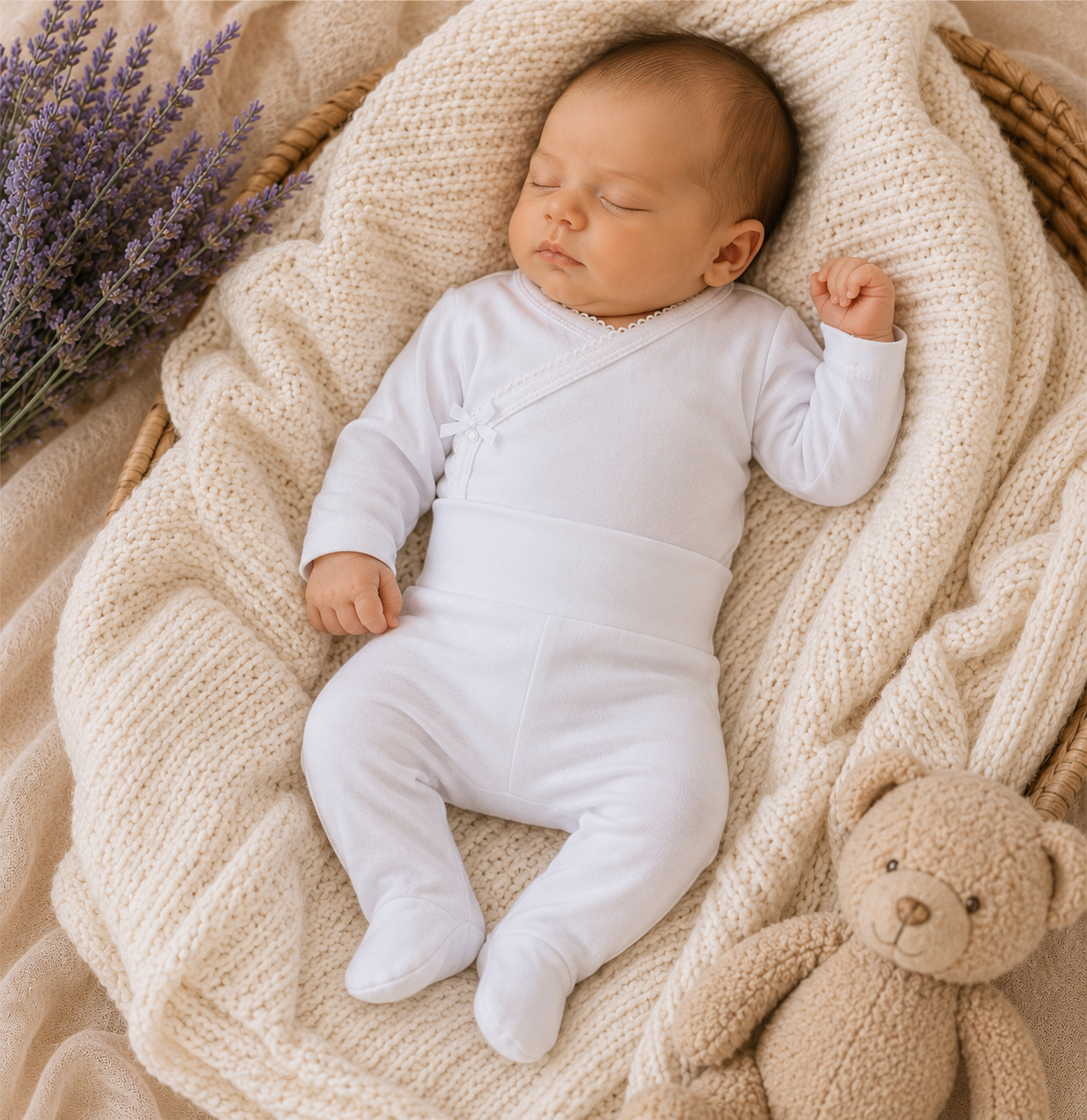 Bebé vestido com fato branco sobre manta tricotada creme em cesto com urso de peluche e flores