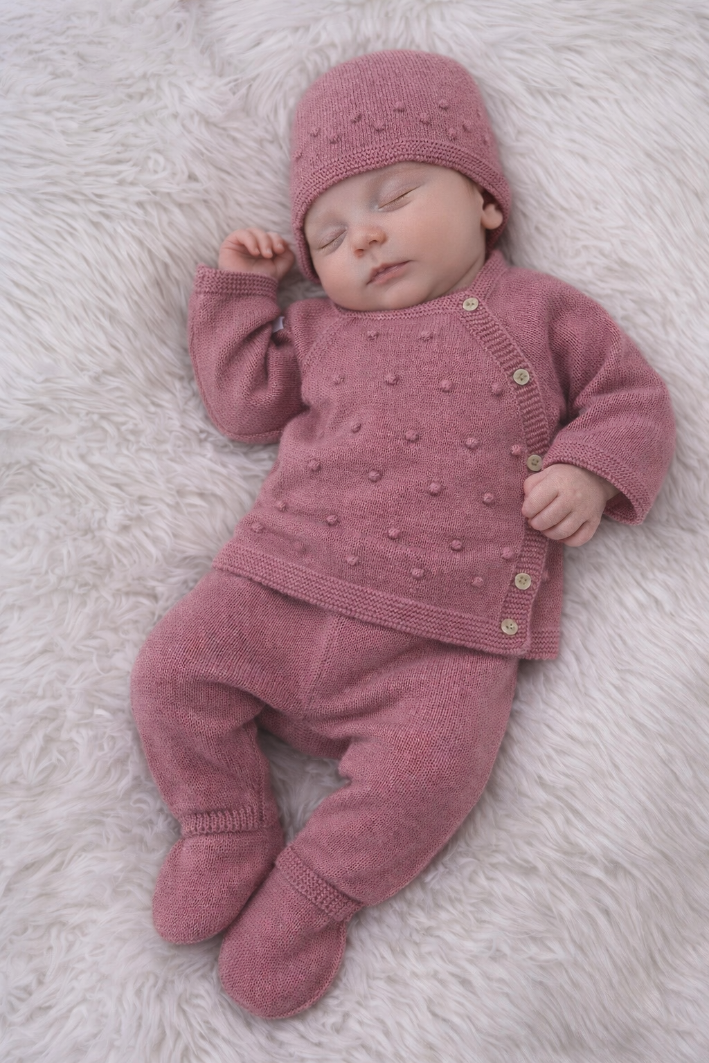 Bebé vestido com conjunto rosa de malha dormindo sobre tapete branco felpudo