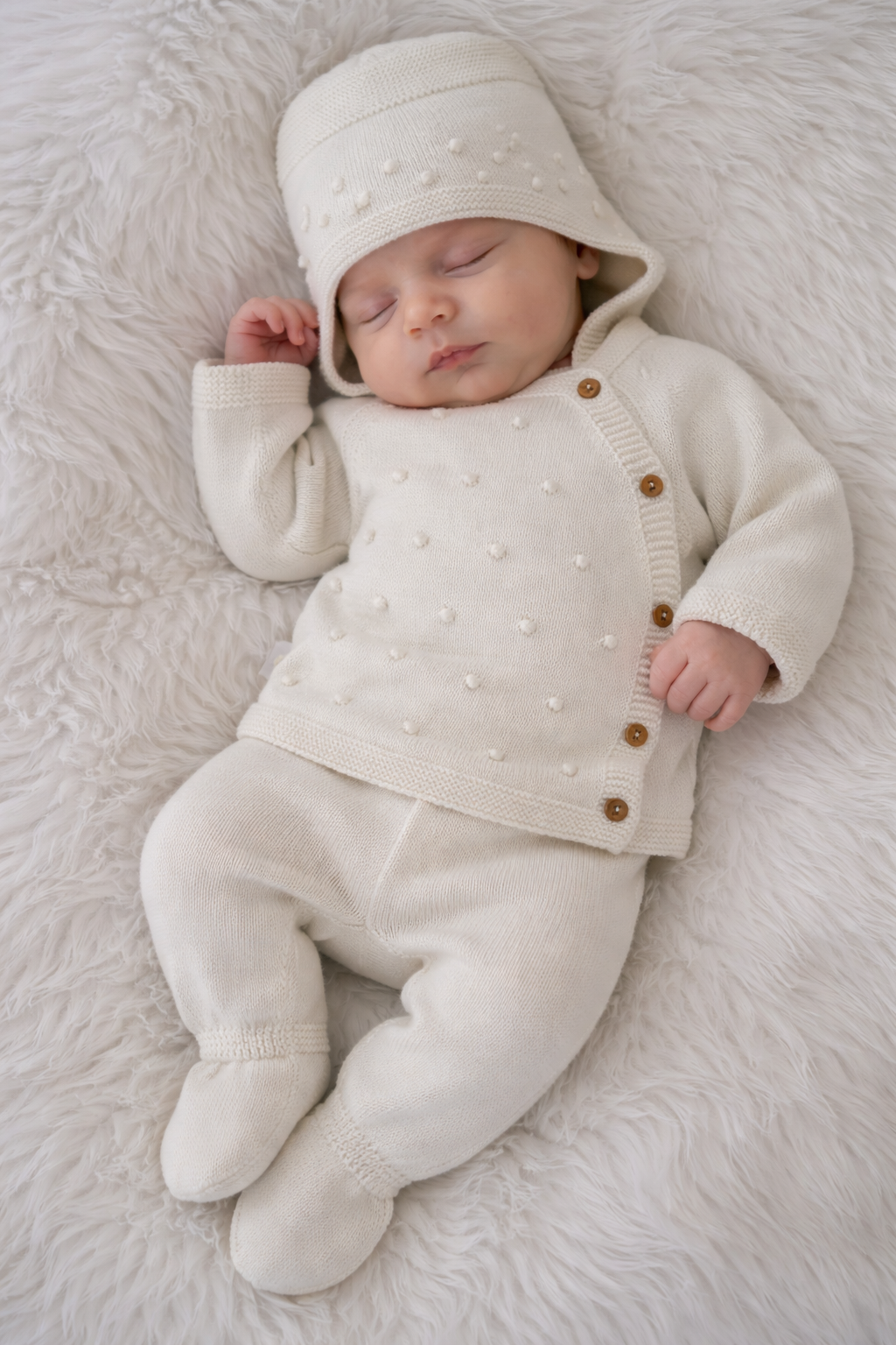 Bebé com roupa de malha creme com pompons