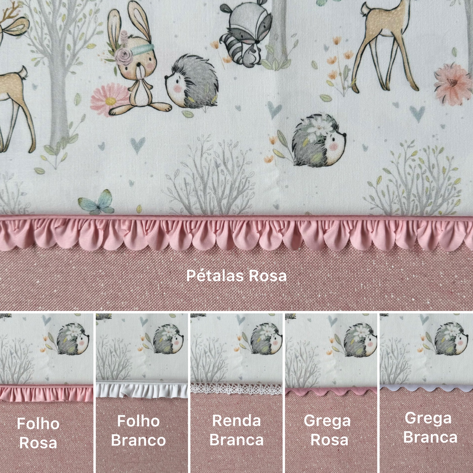 tecido infantil com padrão de animais e folhos ou renda em rosa e branco