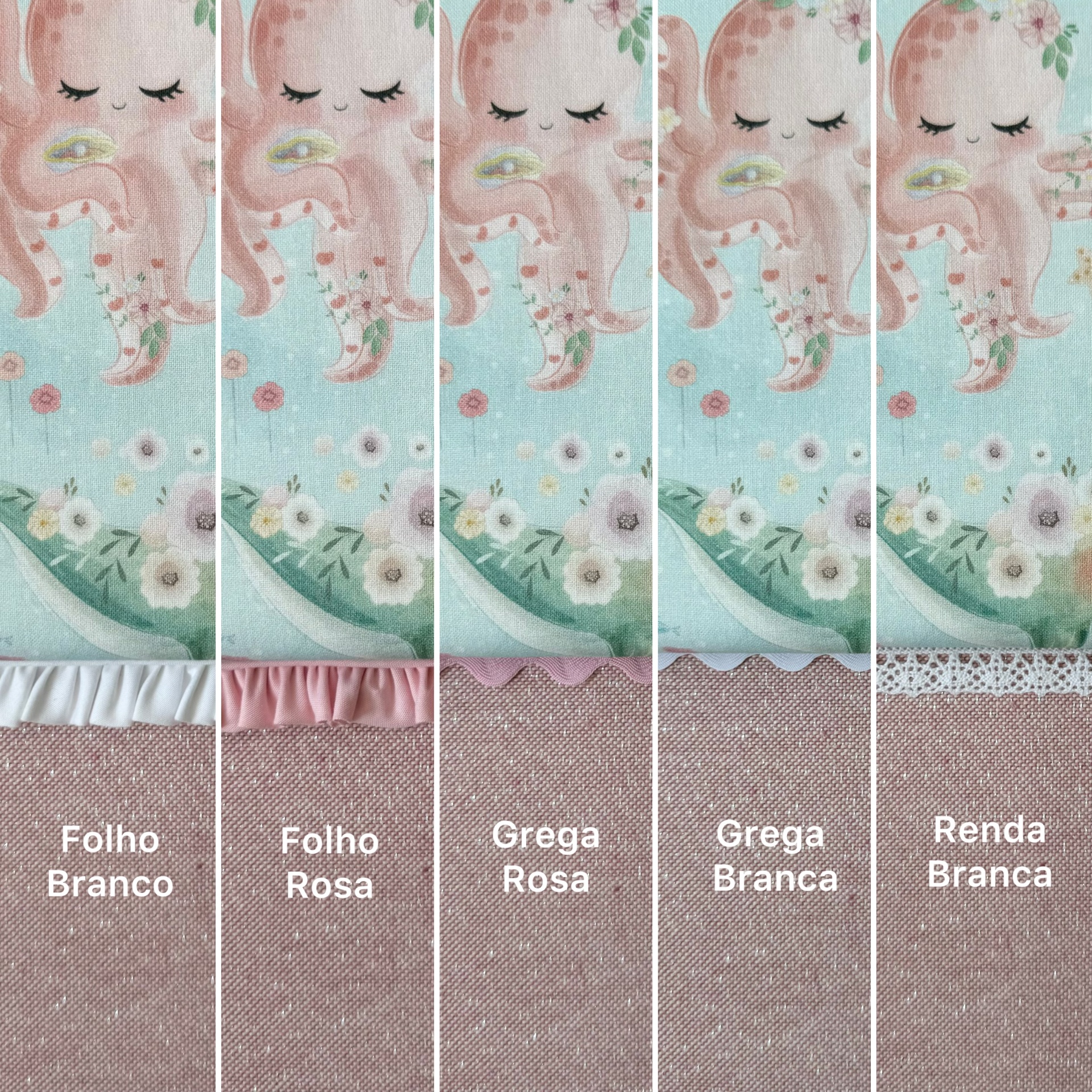 Cinco acabamentos diferentes de tecido com elefante rosa e flores mostrando folho branco, folho rosa, grega rosa, grega branca e renda branca