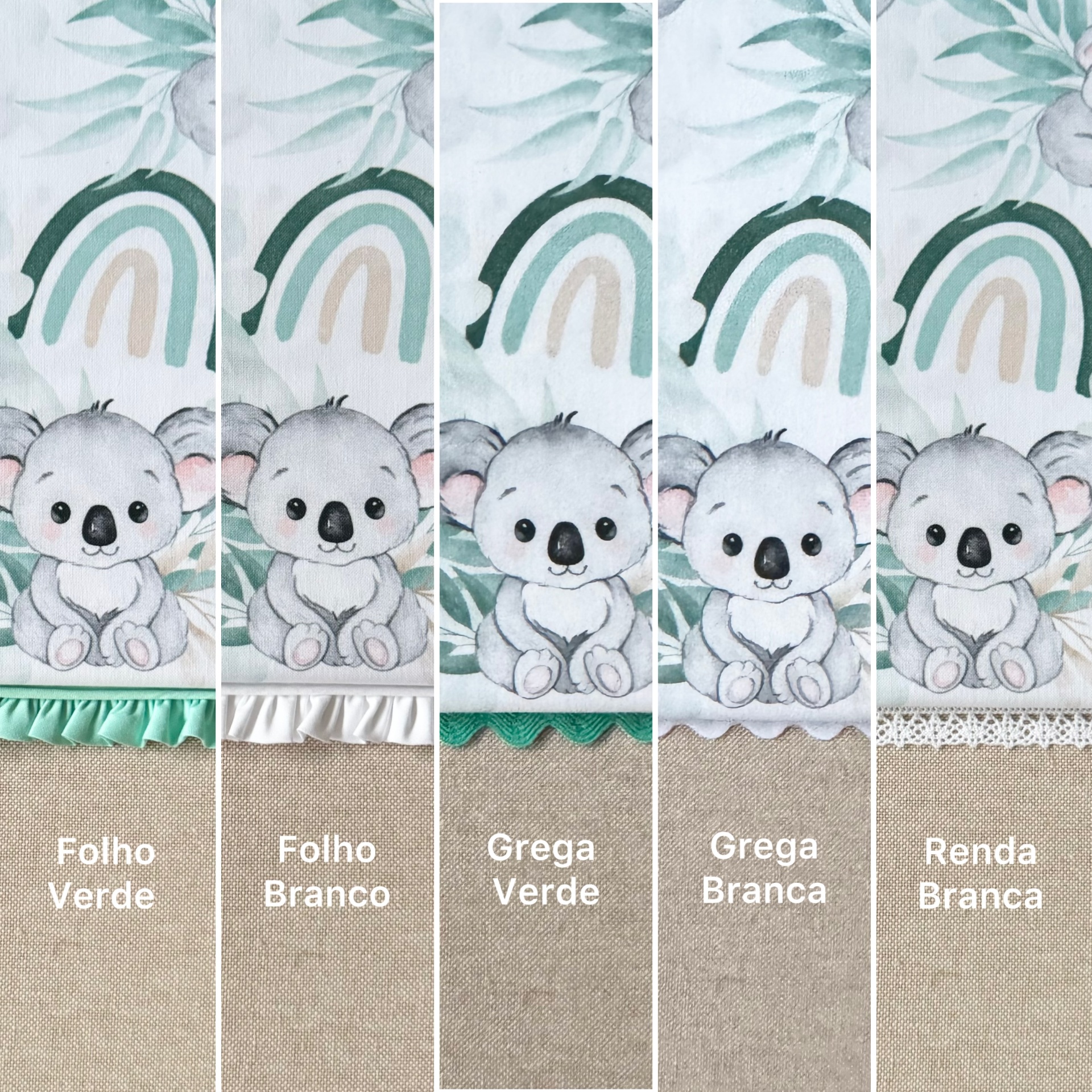 Tecidos infantis com padrão de coala e diferentes bordas identificadas