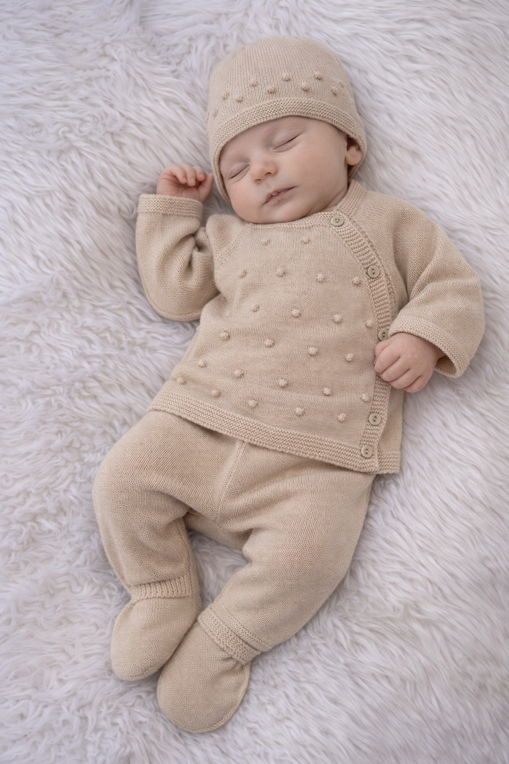 Bebé a dormir vestido com conjunto de malha bege com bolinhas pequenas e gorro, deitado em tecido branco felpudo.