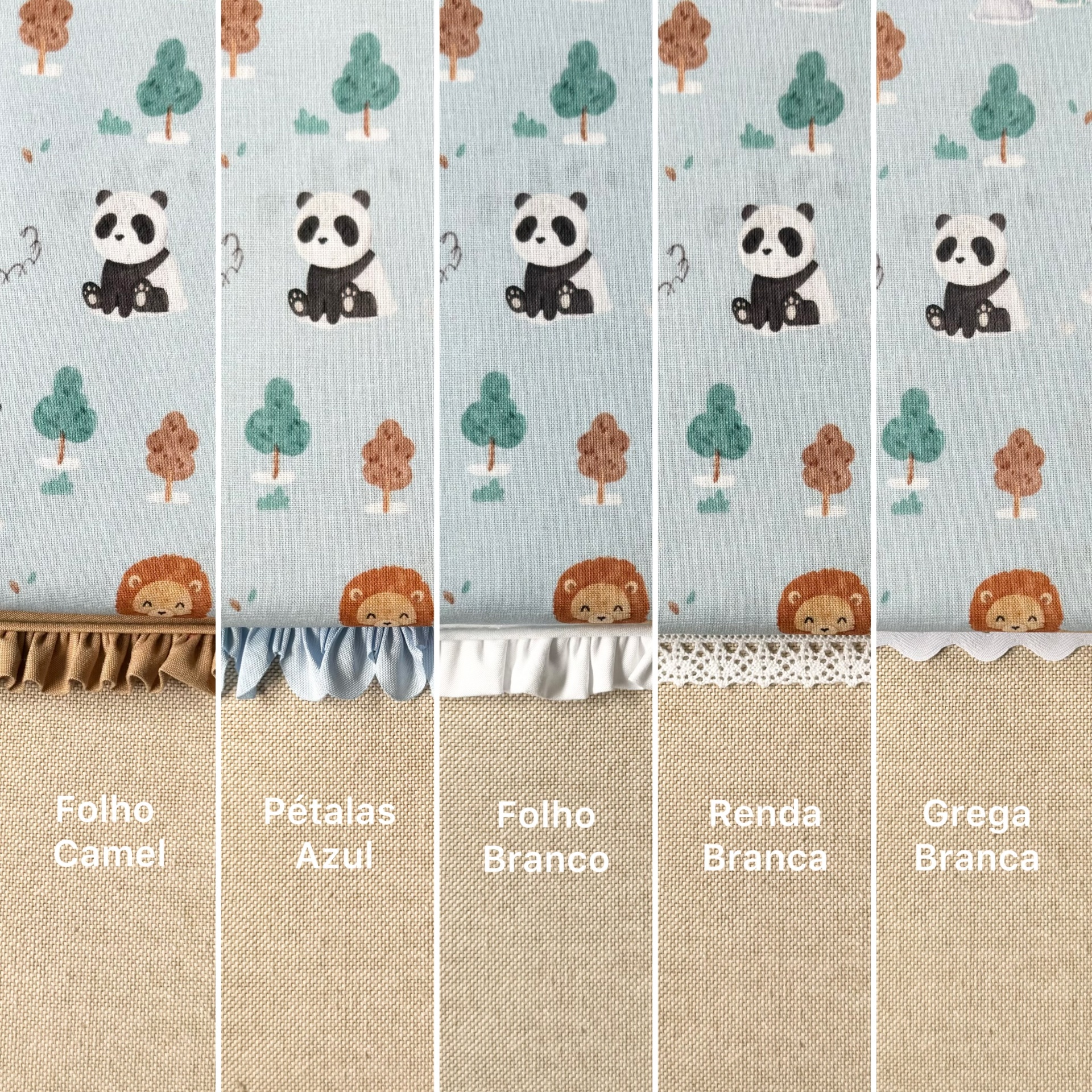 Tecido infantil com pandas, árvores e bordas variadas nomeadas