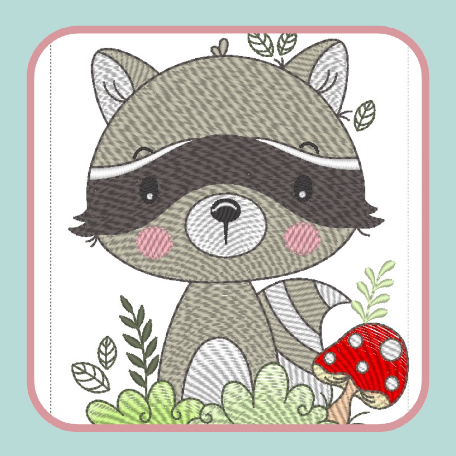 Desenho de guaxinim cinzento com cogumelo vermelho e folhagens verdes
